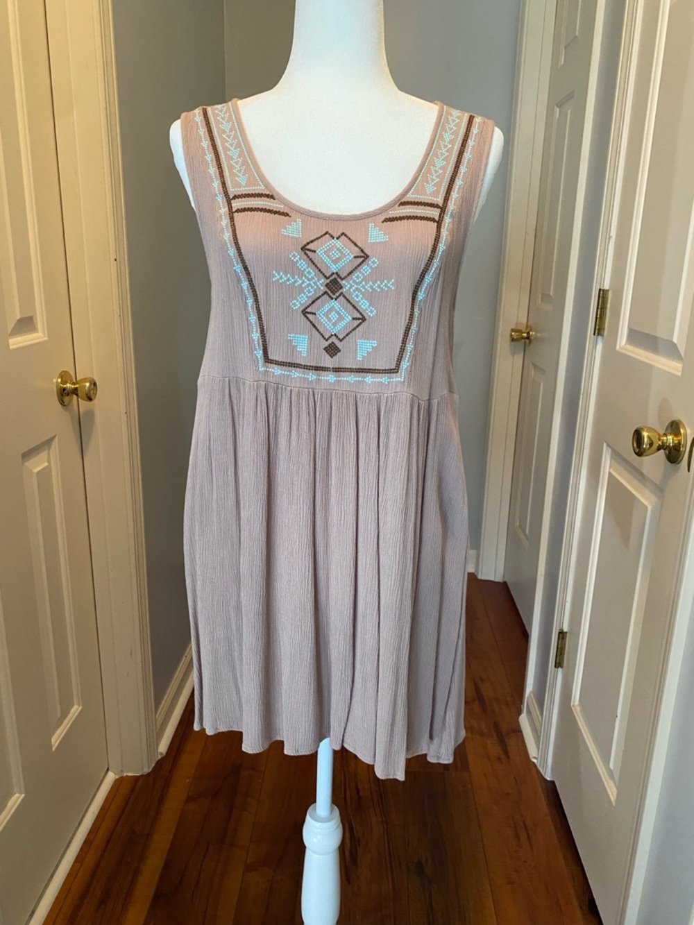 Umgee Taupe Sleeveless Embroidered Mini Dress with Light Blue Accents